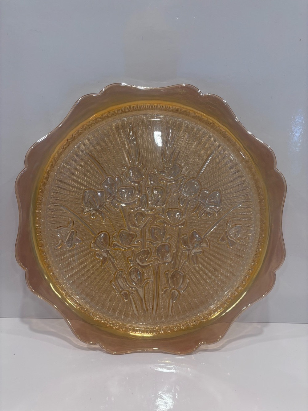 Vintage Marigold Carnival Glass Iris Floral Serving Platter Scalloped Edge 11.5”